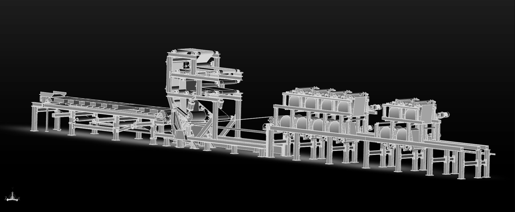 3D model of a continuous machine line with conveyors and towers