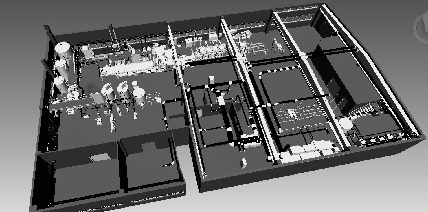 3D cutaway model of a process plant showing equipment layout