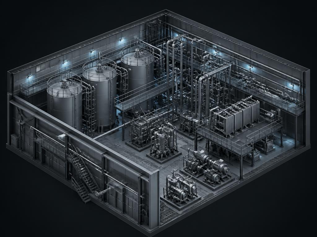 3D model of a utility hall with tanks and pipe racks